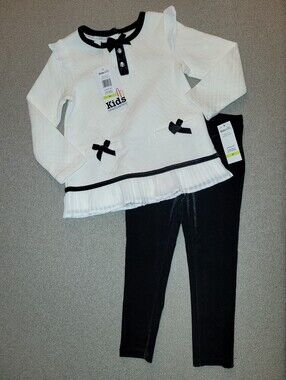Kids Headquarters Size 4t White With Black Bow Top & Black Velvet Pants Set NWT